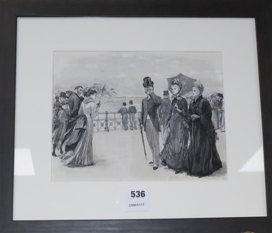 W. Small, monochrome gouache, Edwardians on the promenade, signed and dated 1889, probably a book or magazine illustration, 21 x 27.5cm